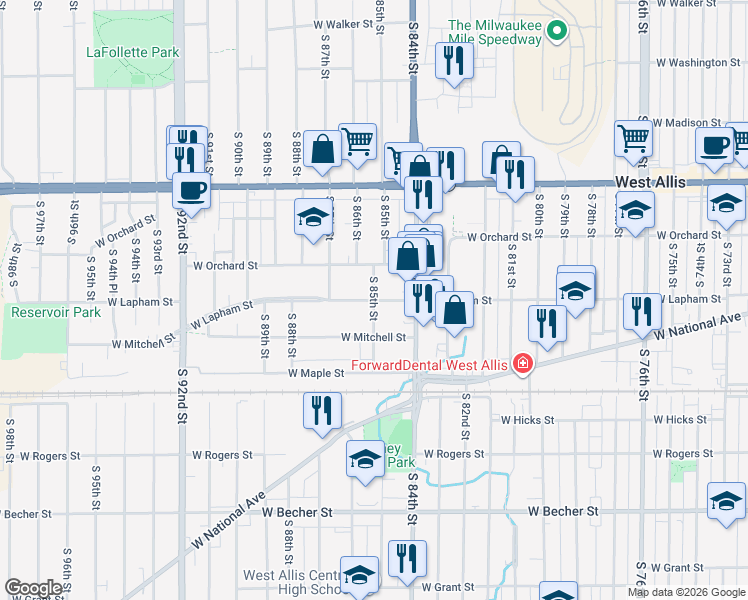 map of restaurants, bars, coffee shops, grocery stores, and more near W Lapham St & S 85th St in West Allis