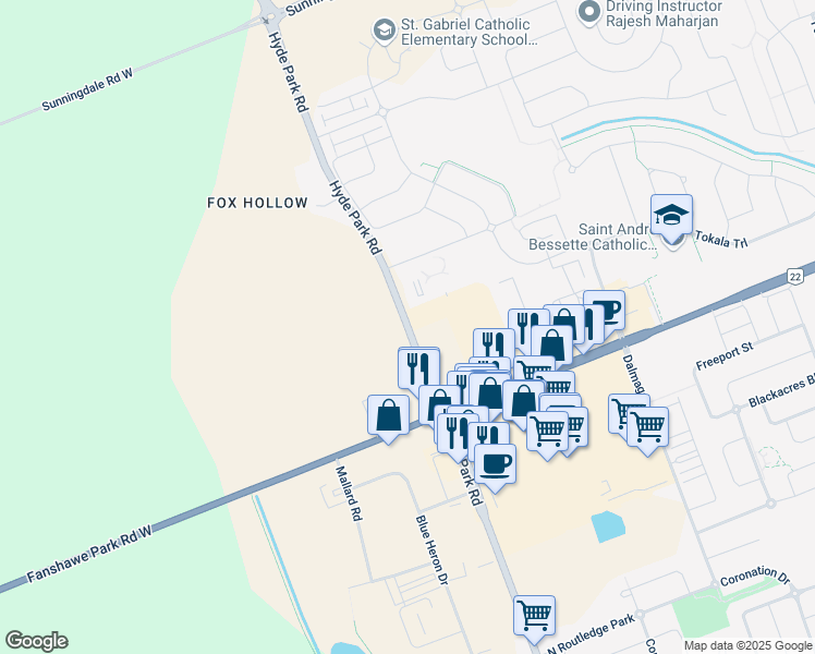 map of restaurants, bars, coffee shops, grocery stores, and more near Hyde Park Road in London