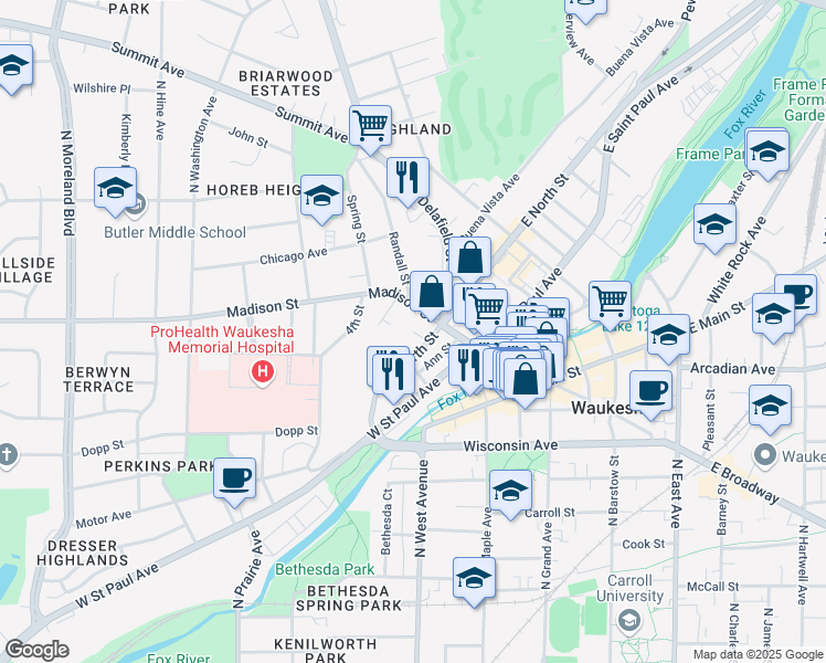 map of restaurants, bars, coffee shops, grocery stores, and more near 202 North Street Court in Waukesha