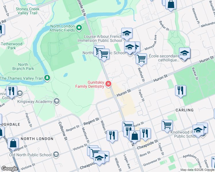 map of restaurants, bars, coffee shops, grocery stores, and more near 1121 Adelaide Street North in London