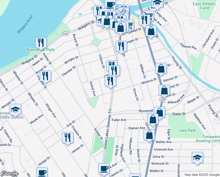 map of restaurants, bars, coffee shops, grocery stores, and more near 184 Minerva Street in Tonawanda