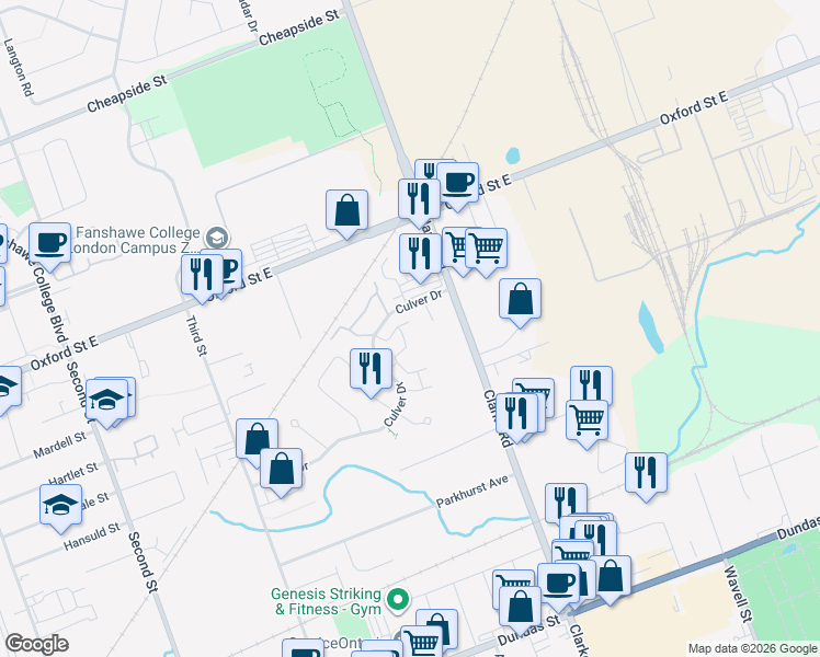 map of restaurants, bars, coffee shops, grocery stores, and more near 1775 Culver Drive in London