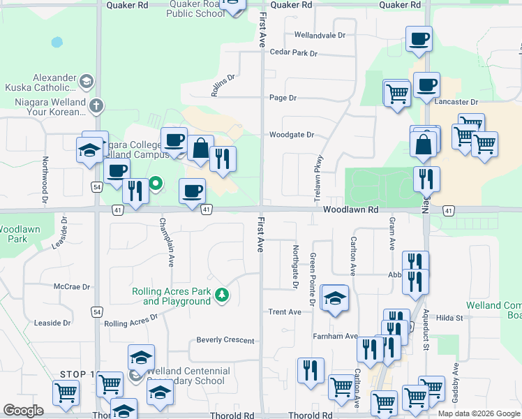 map of restaurants, bars, coffee shops, grocery stores, and more near 426 First Avenue in Welland