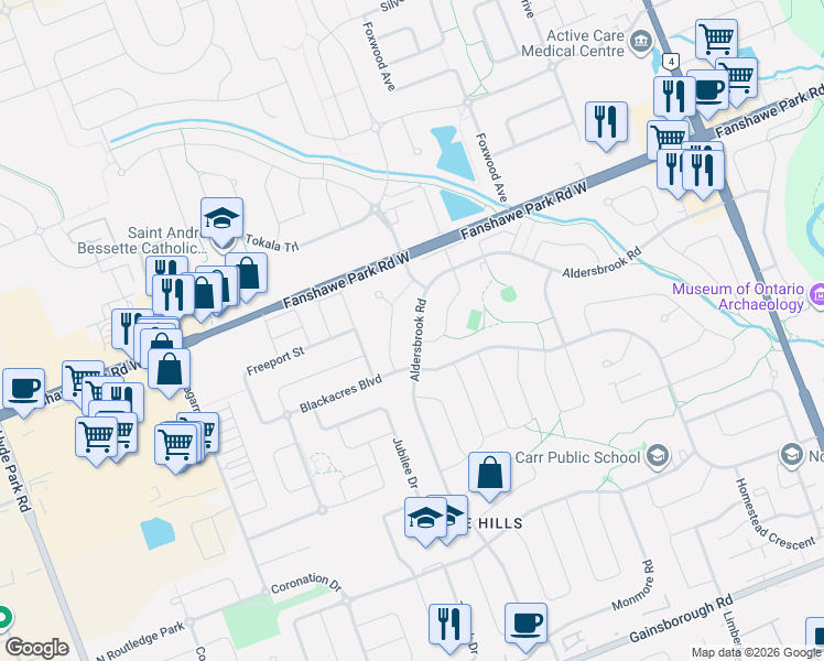 map of restaurants, bars, coffee shops, grocery stores, and more near 1767 Aldersbrook Road in London