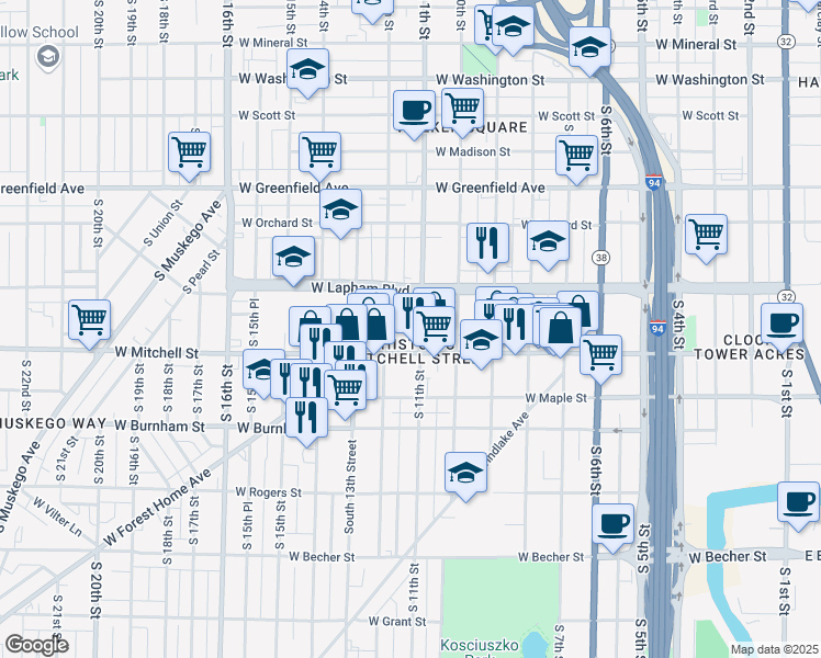 map of restaurants, bars, coffee shops, grocery stores, and more near in Milwaukee