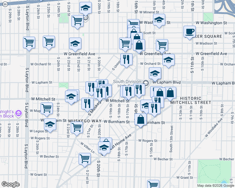 map of restaurants, bars, coffee shops, grocery stores, and more near 1816 West Mitchell Street in Milwaukee