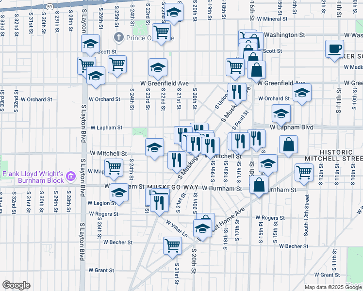 map of restaurants, bars, coffee shops, grocery stores, and more near 2020 West Mitchell Street in Milwaukee