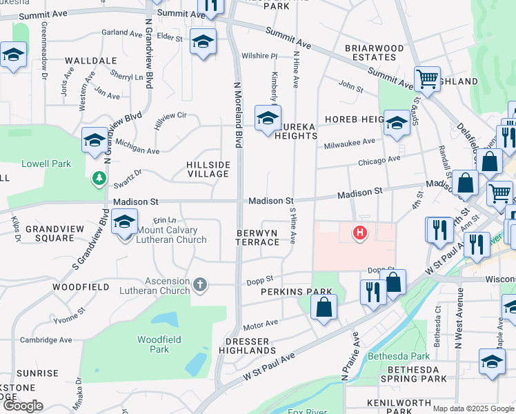 map of restaurants, bars, coffee shops, grocery stores, and more near 201 South Moreland Boulevard in Waukesha