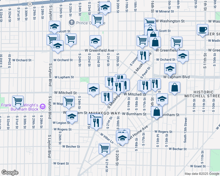 map of restaurants, bars, coffee shops, grocery stores, and more near 2020 West Mitchell Street in Milwaukee