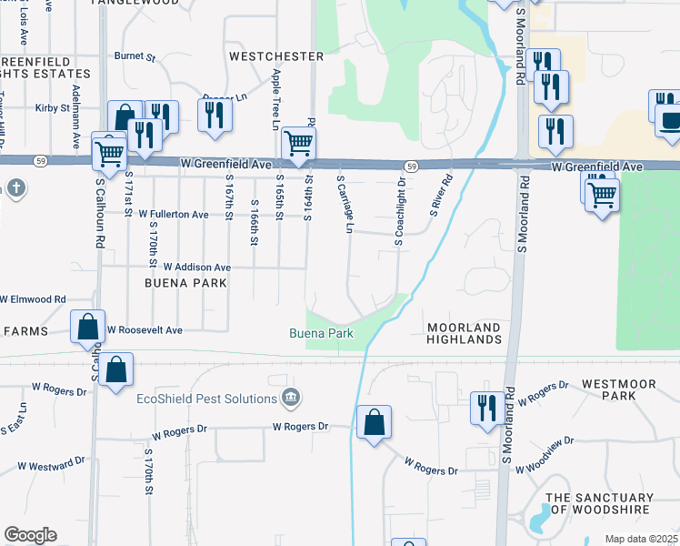 map of restaurants, bars, coffee shops, grocery stores, and more near 1617 South Carriage Lane in New Berlin