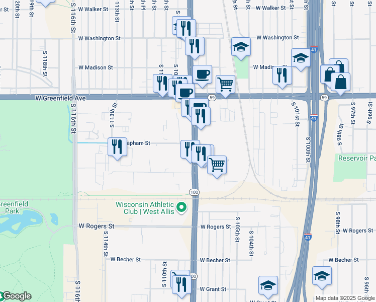 map of restaurants, bars, coffee shops, grocery stores, and more near 1661 South 108th Street in West Allis