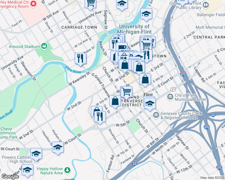 map of restaurants, bars, coffee shops, grocery stores, and more near 600 Church Street in Flint