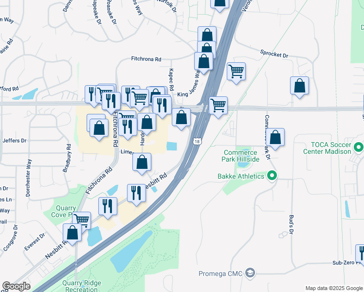 map of restaurants, bars, coffee shops, grocery stores, and more near 6202 Nesbitt Road in Fitchburg