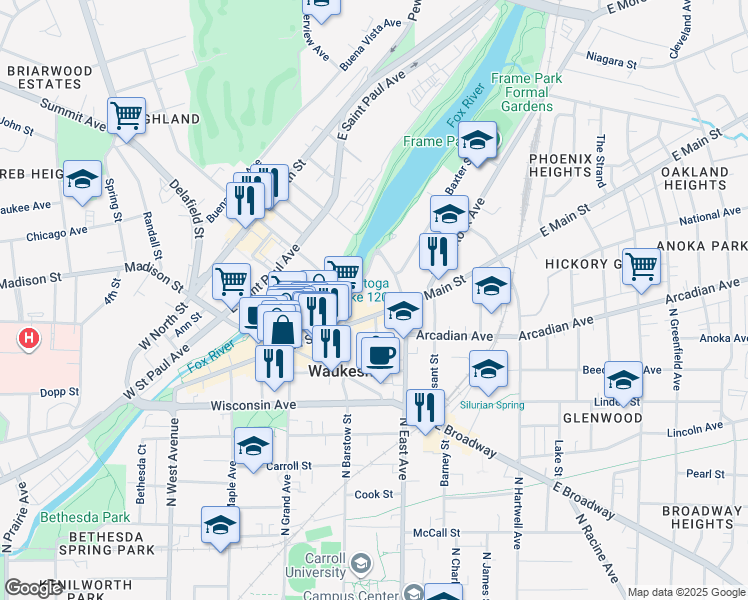 map of restaurants, bars, coffee shops, grocery stores, and more near 100 Corrina Boulevard in Waukesha