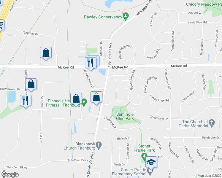 map of restaurants, bars, coffee shops, grocery stores, and more near 5934 Seminole Court in Fitchburg