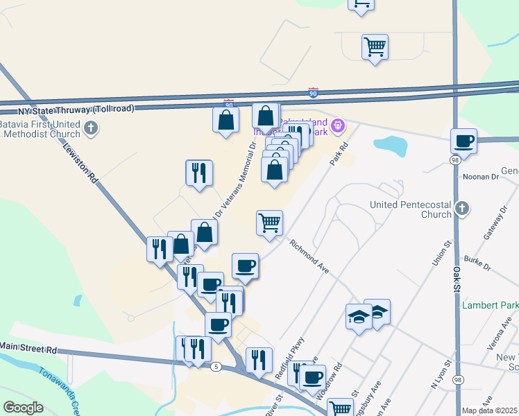 map of restaurants, bars, coffee shops, grocery stores, and more near 4180 Veterans Memorial Drive in Batavia