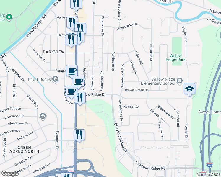 map of restaurants, bars, coffee shops, grocery stores, and more near 20 Parkhaven Drive in Buffalo