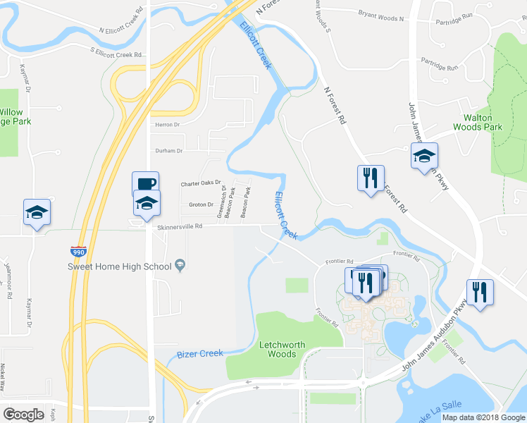 map of restaurants, bars, coffee shops, grocery stores, and more near 495 Skinnersville Road in Buffalo
