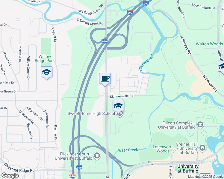 map of restaurants, bars, coffee shops, grocery stores, and more near 671 Skinnersville Road in Buffalo