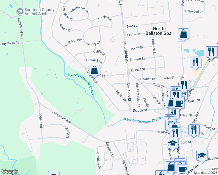 map of restaurants, bars, coffee shops, grocery stores, and more near 70 Maple Avenue in Ballston Spa