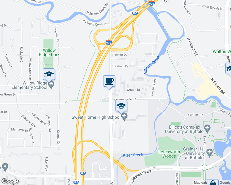 map of restaurants, bars, coffee shops, grocery stores, and more near 671 Skinnersville Road in Buffalo