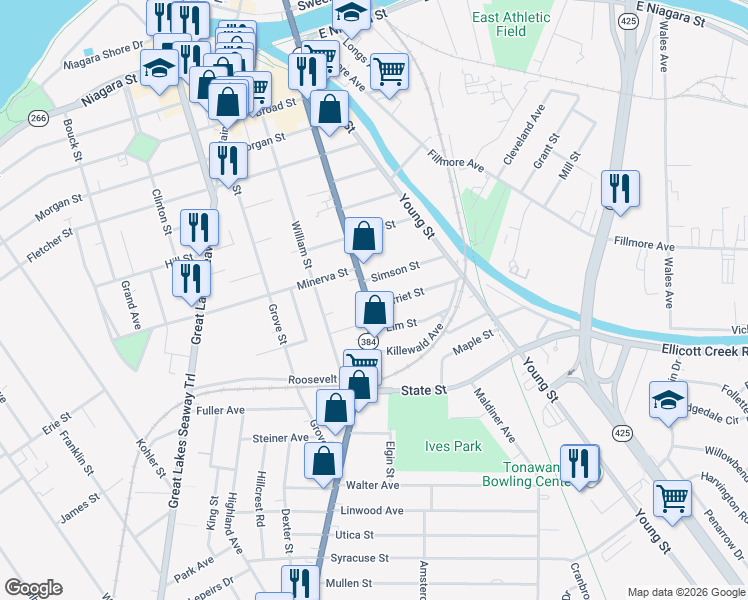 map of restaurants, bars, coffee shops, grocery stores, and more near 100 Elm Street in Tonawanda