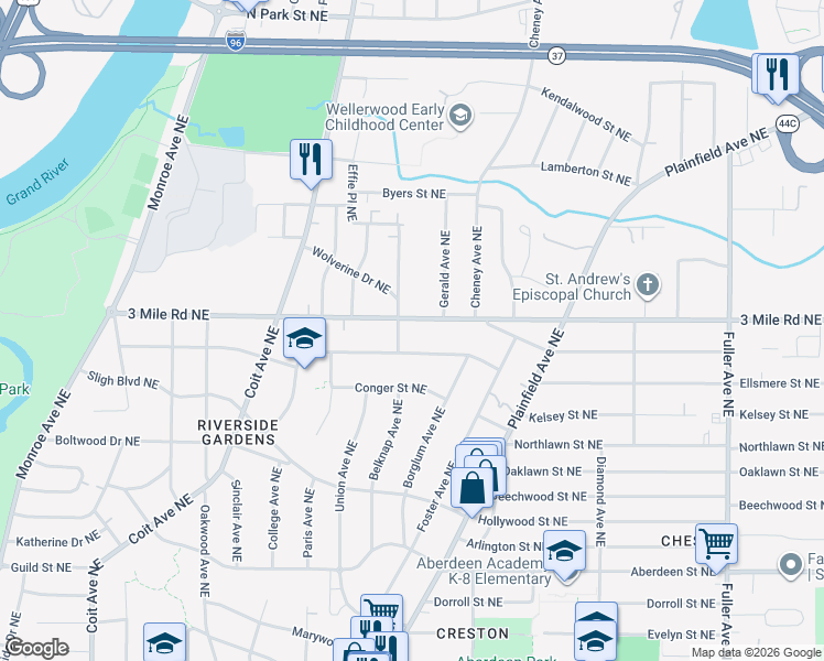 map of restaurants, bars, coffee shops, grocery stores, and more near 715 Russwood Street Northeast in Grand Rapids