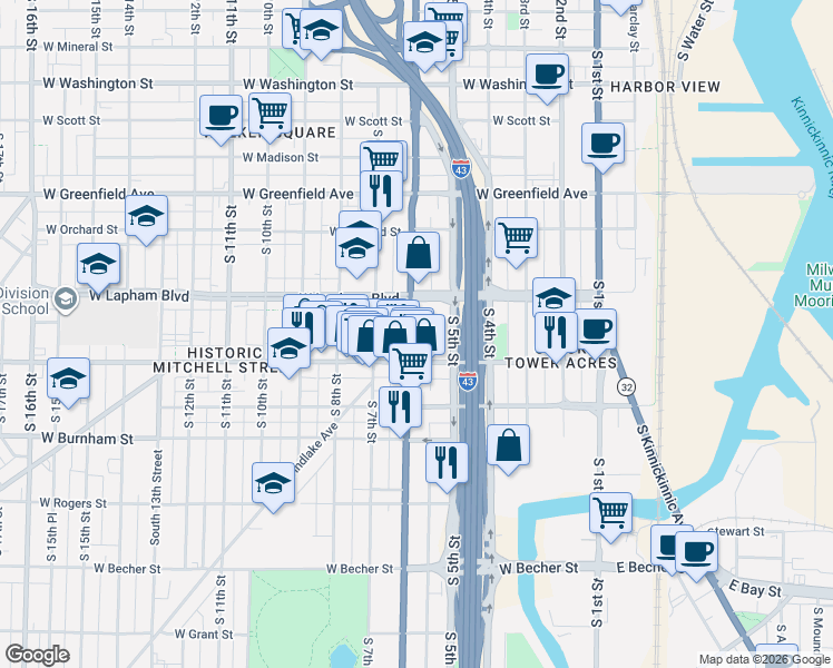 map of restaurants, bars, coffee shops, grocery stores, and more near 546 West Mitchell Street in Milwaukee