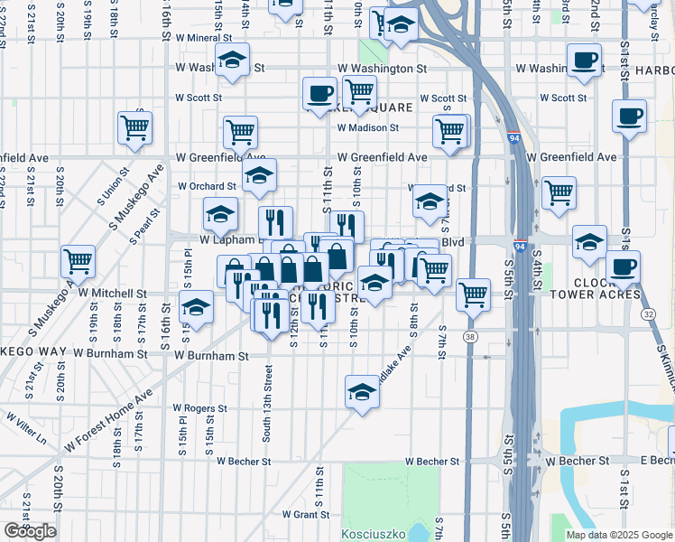 map of restaurants, bars, coffee shops, grocery stores, and more near in Milwaukee