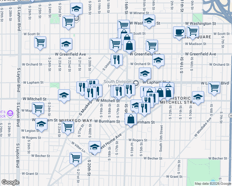 map of restaurants, bars, coffee shops, grocery stores, and more near 1706 West Mitchell Street in Milwaukee