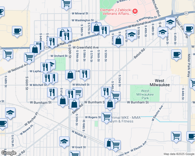 map of restaurants, bars, coffee shops, grocery stores, and more near 1664 South 56th Street in West Milwaukee