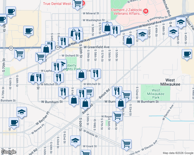 map of restaurants, bars, coffee shops, grocery stores, and more near 1665 South 57th Street in West Allis