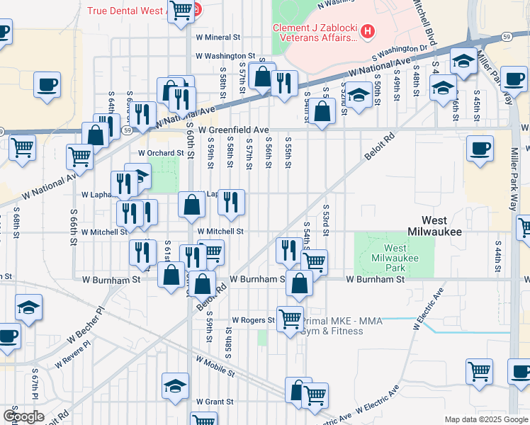 map of restaurants, bars, coffee shops, grocery stores, and more near 1664 South 56th Street in West Milwaukee