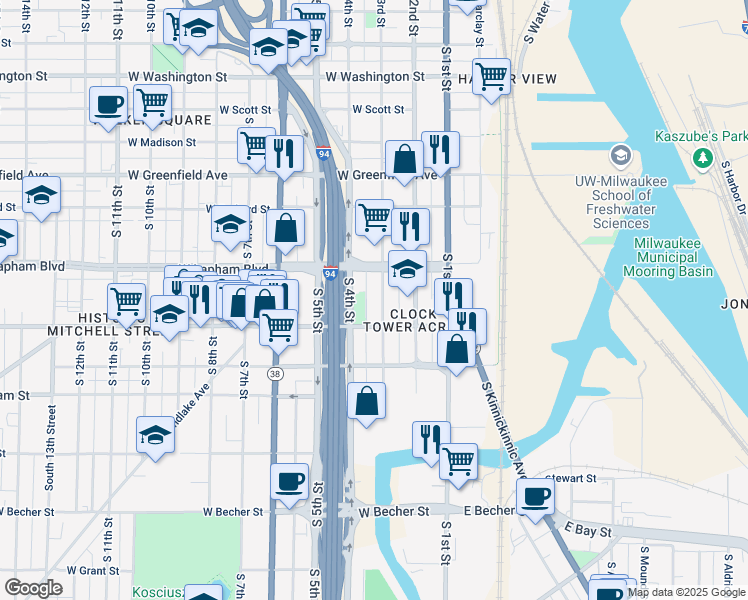 map of restaurants, bars, coffee shops, grocery stores, and more near 1655 South 3rd Street in Milwaukee