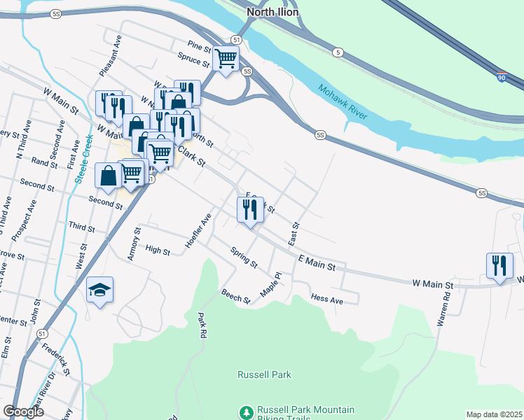 map of restaurants, bars, coffee shops, grocery stores, and more near 181 East State Street in Ilion