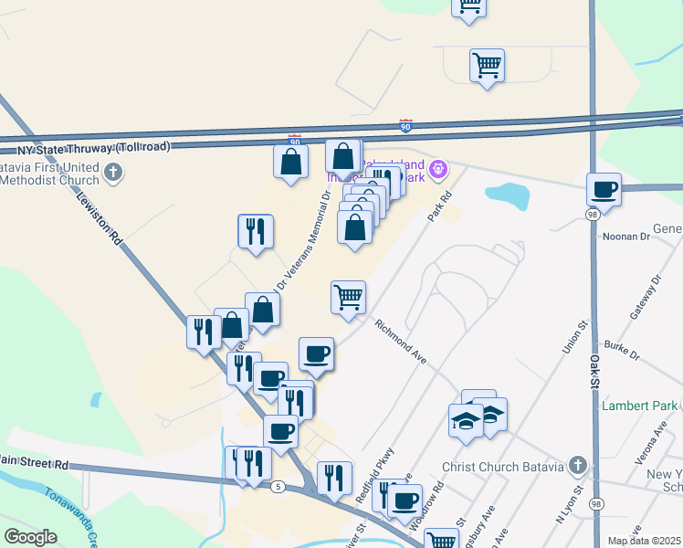 map of restaurants, bars, coffee shops, grocery stores, and more near 4180 Veterans Memorial Drive in Batavia