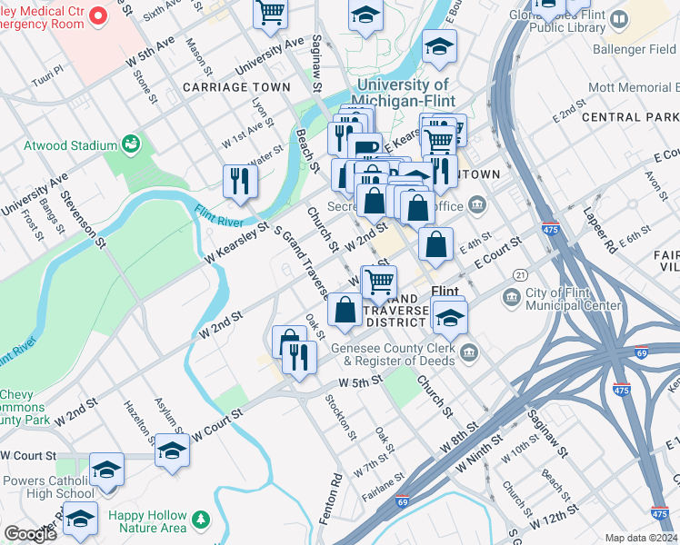 map of restaurants, bars, coffee shops, grocery stores, and more near 600 Church Street in Flint