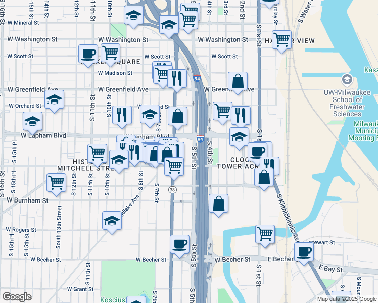 map of restaurants, bars, coffee shops, grocery stores, and more near 1645 South 5th Street in Milwaukee