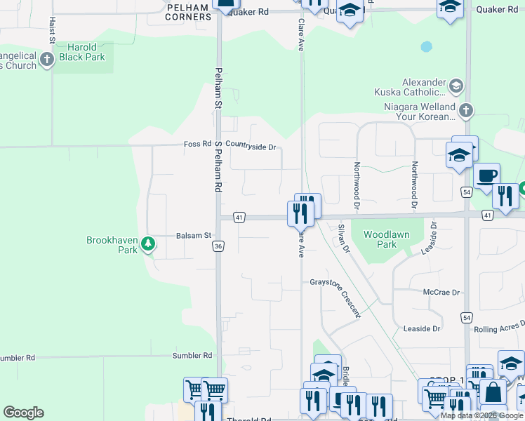 map of restaurants, bars, coffee shops, grocery stores, and more near 522 Woodlawn Road in Welland