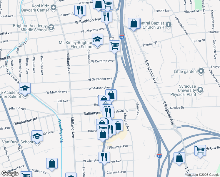 map of restaurants, bars, coffee shops, grocery stores, and more near 3618 South Salina Street in Syracuse