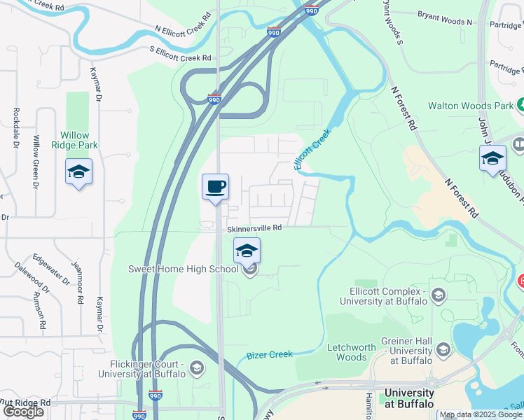 map of restaurants, bars, coffee shops, grocery stores, and more near 641 Skinnersville Road in Buffalo