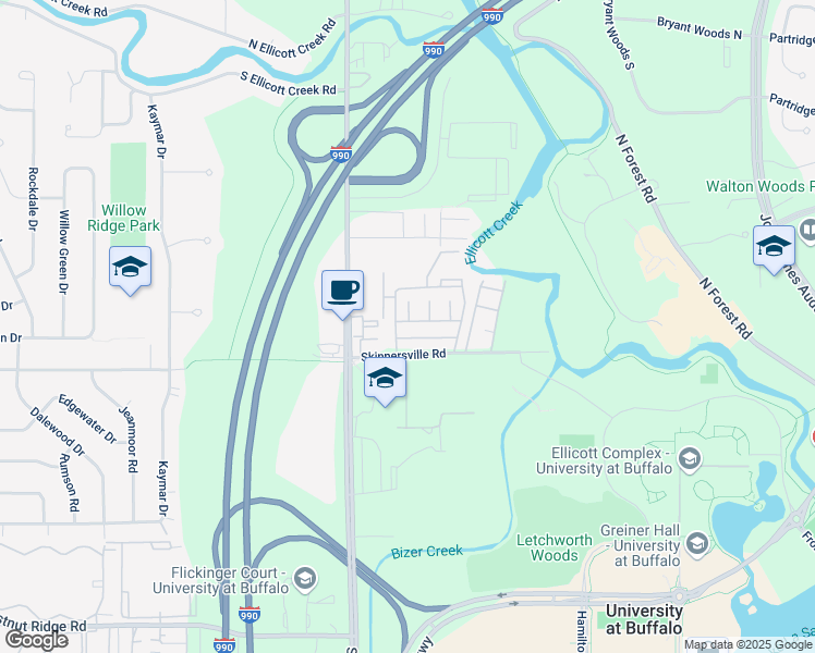 map of restaurants, bars, coffee shops, grocery stores, and more near 641 Skinnersville Road in Buffalo