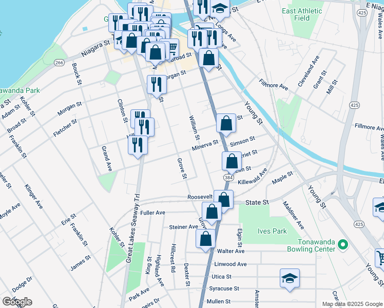 map of restaurants, bars, coffee shops, grocery stores, and more near 183 Grove Street in Tonawanda