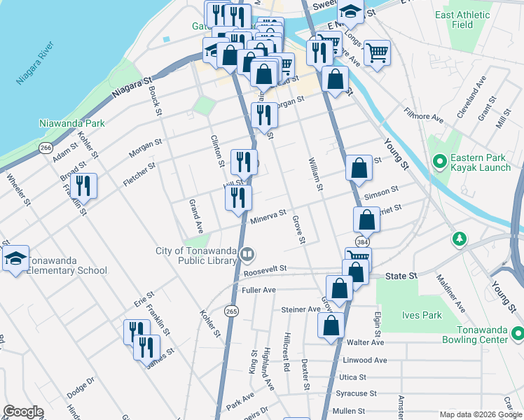 map of restaurants, bars, coffee shops, grocery stores, and more near 157 Minerva Street in Tonawanda