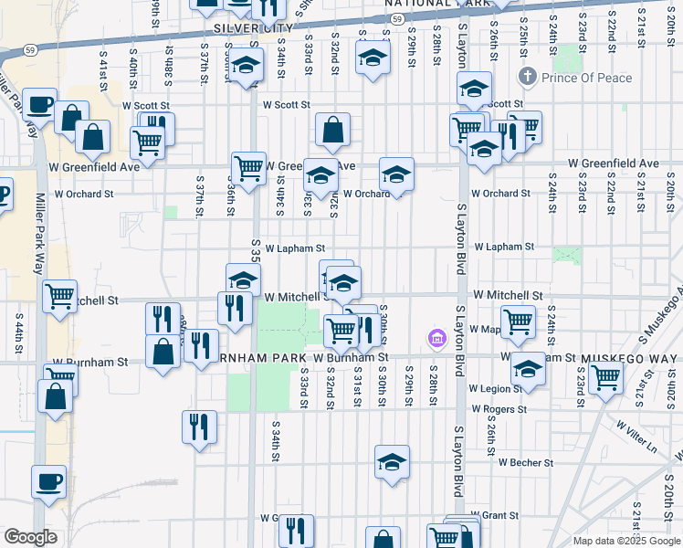 map of restaurants, bars, coffee shops, grocery stores, and more near 1667 South 32nd Street in Milwaukee