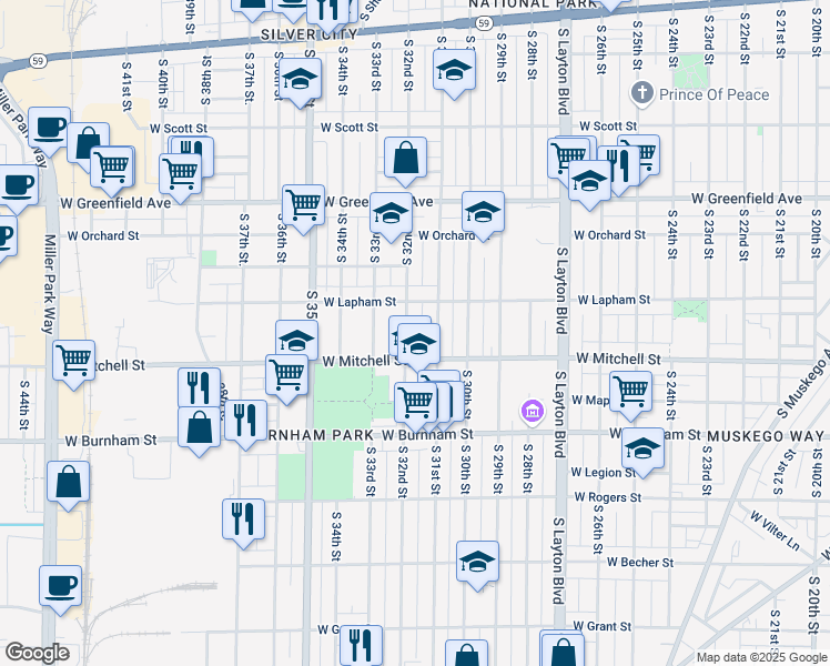map of restaurants, bars, coffee shops, grocery stores, and more near 1667 South 32nd Street in Milwaukee