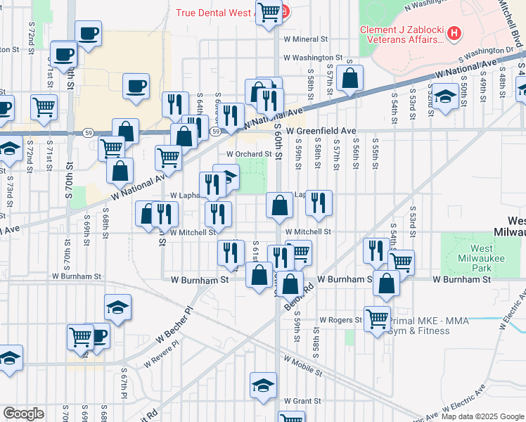 map of restaurants, bars, coffee shops, grocery stores, and more near 6034 West Mitchell Street in West Allis