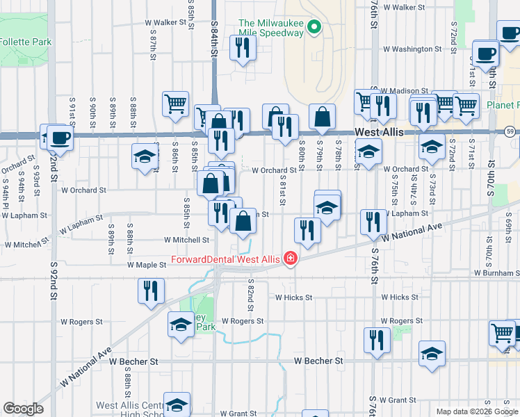 map of restaurants, bars, coffee shops, grocery stores, and more near 1614 South 82nd Street in West Allis
