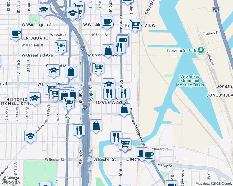 map of restaurants, bars, coffee shops, grocery stores, and more near 140 West Mitchell Street in Milwaukee
