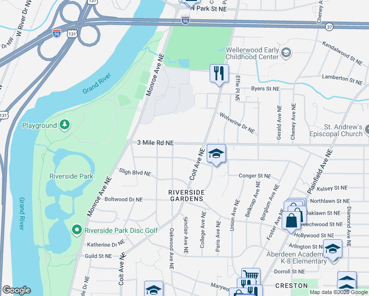 map of restaurants, bars, coffee shops, grocery stores, and more near 420 Russwood Street Northeast in Grand Rapids